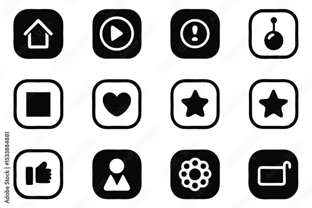 Poster set of modern black and white interface icons for web and application design