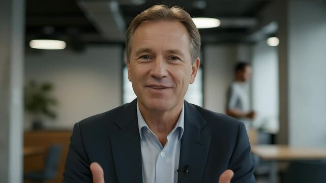 Businessperson speaks directly to camera in modern office setting