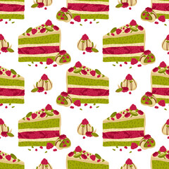 Birthday cake and raspberry truffles. Pistachio berry dessert seamless pattern. Hand drawn cartoon vector illustration.  Sweet holiday bakery for packaging, fabric, menu backgrounds and gift wrapping