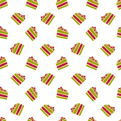 A piece of birthday cake seamless pattern. Pistachio raspberry dessert hand drawn cartoon vector illustration. Sweet holiday bakery for packaging, fabric, menu backgrounds and gift wrapping
