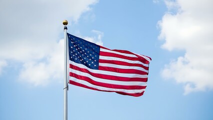 American Flag Waving in the Wind against Blue Sky