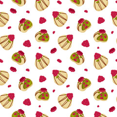 Handmade white chocolate truffles with raspberries. Vector cartoon illustration of crafted bonbon candy for packaging, dessert visuals, textile, wrapping, confectionery design, menu background