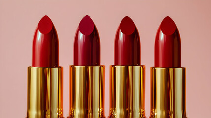 Obraz premium Variety of red lipsticks with gold tubes against pink background