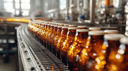 Amber Glass Bottles on Production Line in Brewery Facility