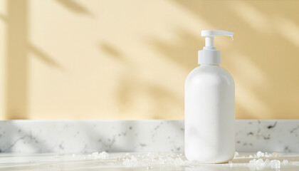 White bottle of liquid soap on marble countertop with shadows  