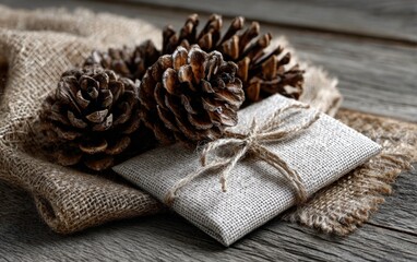 Rustic gift wrapping with pine cones on a wooden surface.