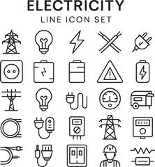 Electricity line icon set. Electric power line, light bulb, cable, wire, voltage and electrical equipment. Outline vector icon in linear style. Series of pictograms
