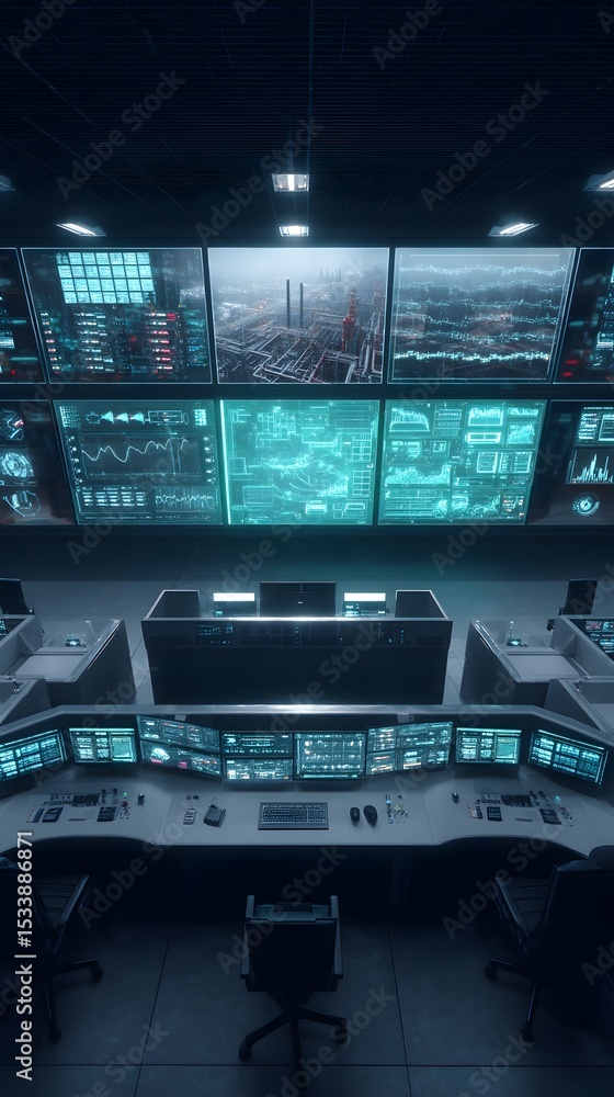 Poster top view of a high tech control room with a glowing factory metrics dashboard