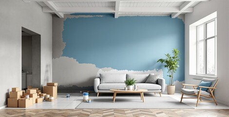 Cozy living room interior with unfinished blue wall paint, modern furniture, moving boxes, and natural light in stylish home design project. Ai generative