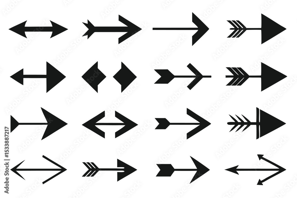 Poster assortment of black arrow icons for navigation directions and design elements