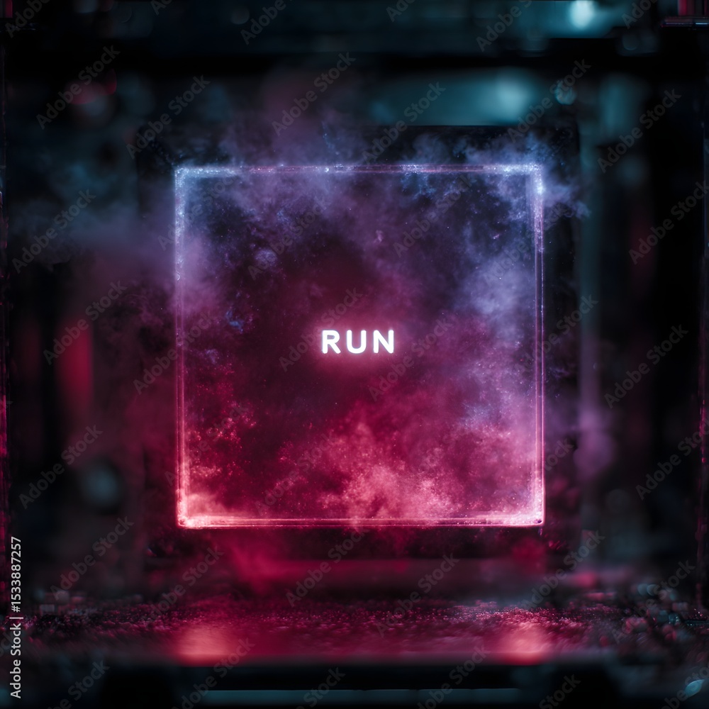 Poster glowing holographic run command panel in a futuristic digital environment