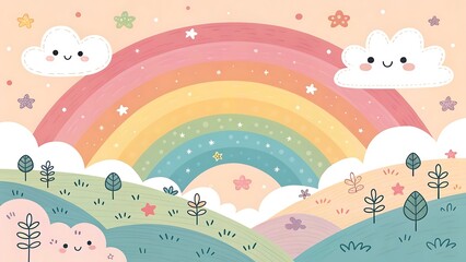 Beautiful Background with landscape and rainbow sky