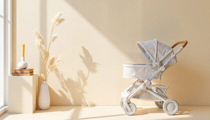 Modern baby stroller beside decorative vase in minimalistic interior  