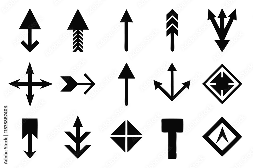 Poster collection of black arrow icons and symbols for navigation and directional signage