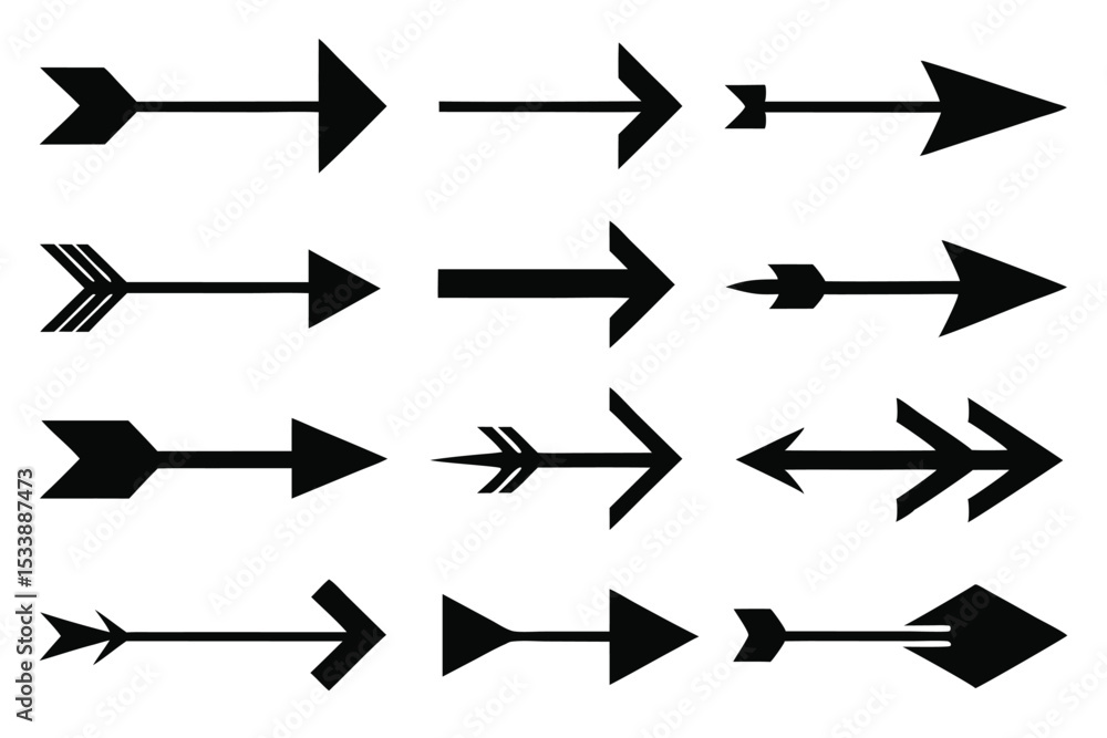 Poster collection of black arrow icons in various styles pointing towards the right direction