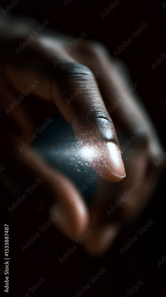 Poster holographic loading dot animation moving across screen under finger