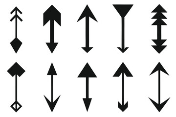 Collection of black arrows in various shapes and directions isolated on white background