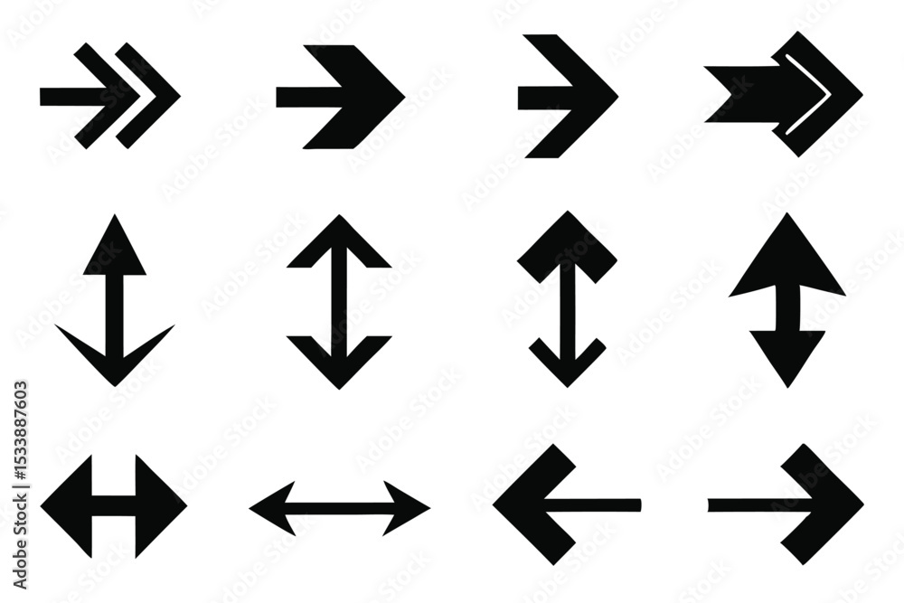 Poster collection of directional arrows pointing in various directions isolated on white background