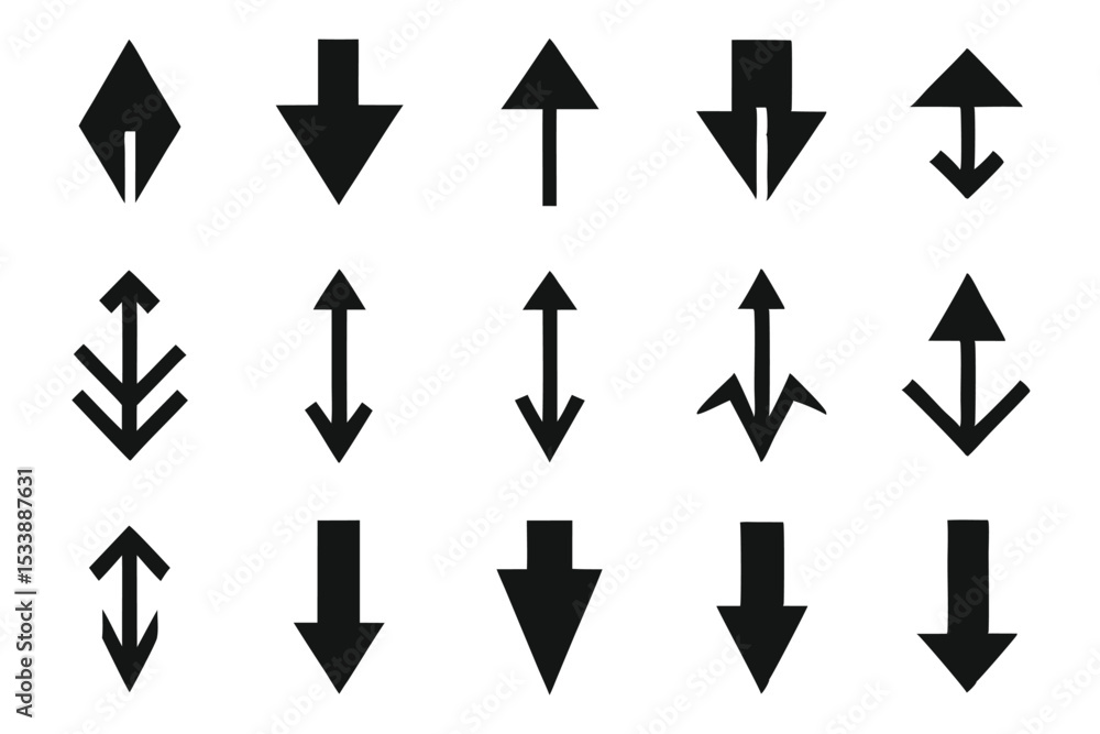 Poster collection of diverse black arrow icons and symbols representing directions and navigation