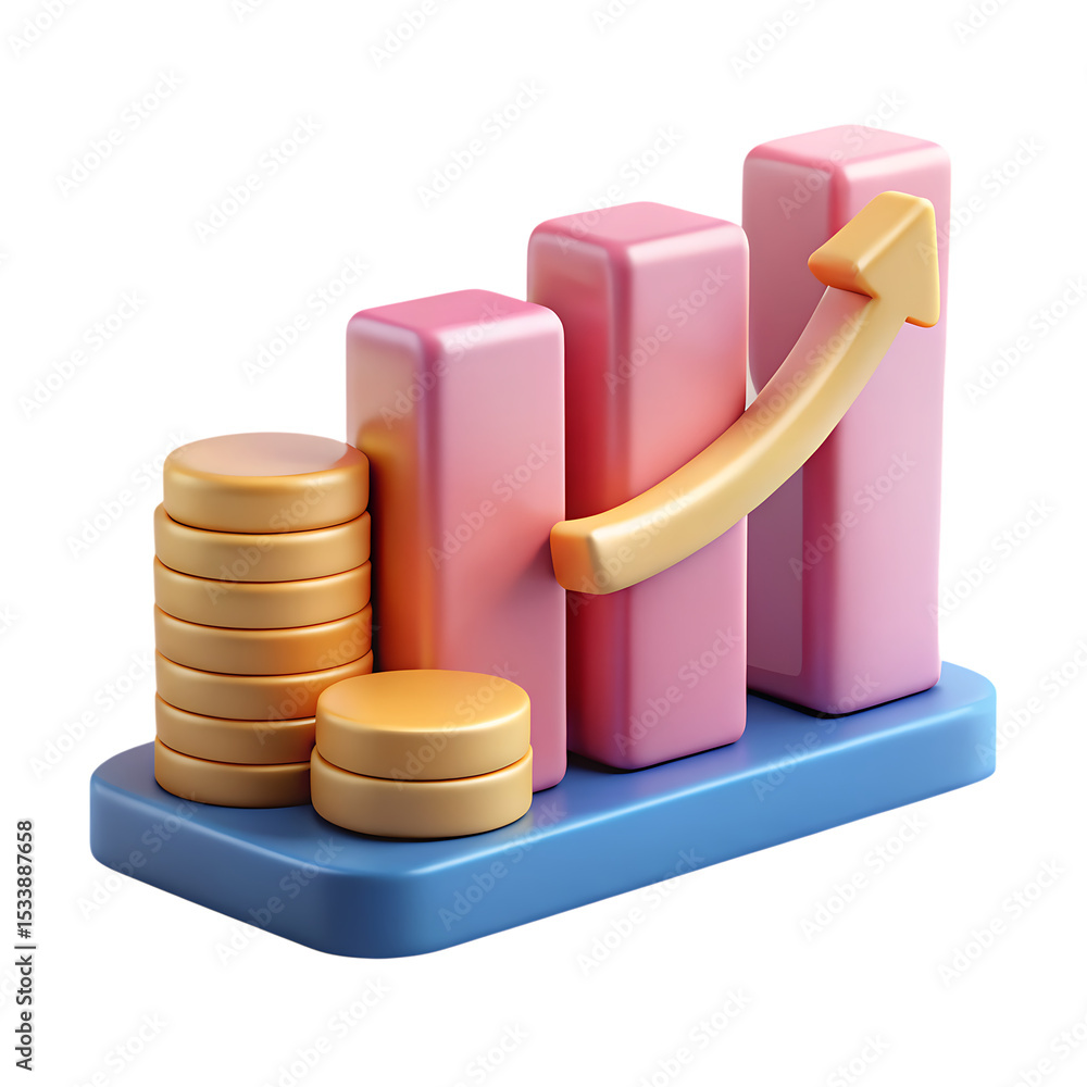 Poster 3d render of growing bar chart with coins isolated on transparent background