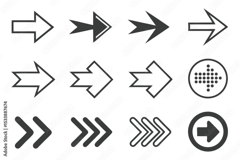 Poster collection of diverse arrow icons representing direction guidance navigation and progress
