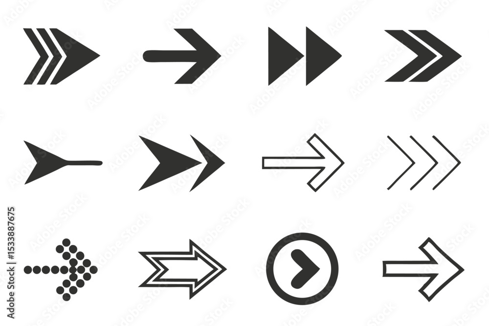 Poster collection of modern directional arrows in various styles and flat design for user interface element