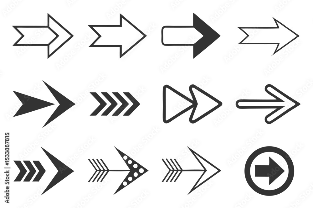 Poster collection of various right directional arrows in different shapes and styles