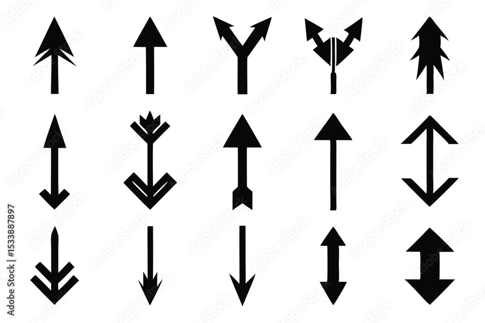 Poster diverse collection of black and white arrow directional symbols for navigation and design elements