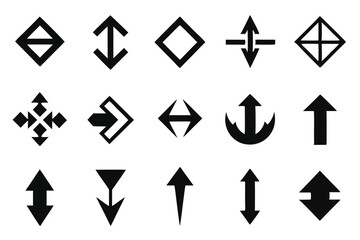 Collection of various directional arrow icons black and white design on a white background