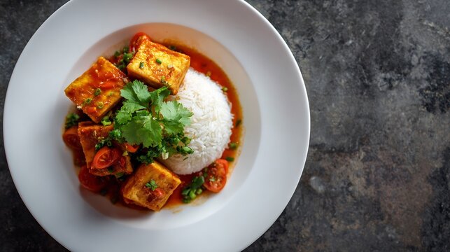 Vietnamese fried tofu tomato sauce dau sot ca chua and steamed rice garnished with coriander top down dinner view white plate