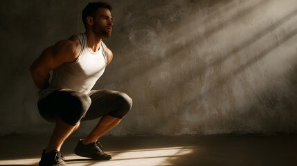 A man performing jump squats in a modern studio with dramatic sunlight