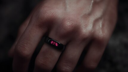 Glowing fitness tracker ring displaying 85 performance