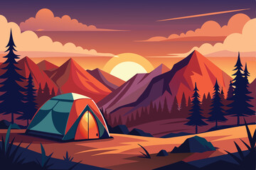 Golden sunset illuminates a lone tent pitched in the vast, rugged mountain landscape, inviting adventure and serene nature travel