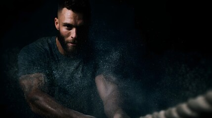 A man performing intense battle rope drills with flying particles