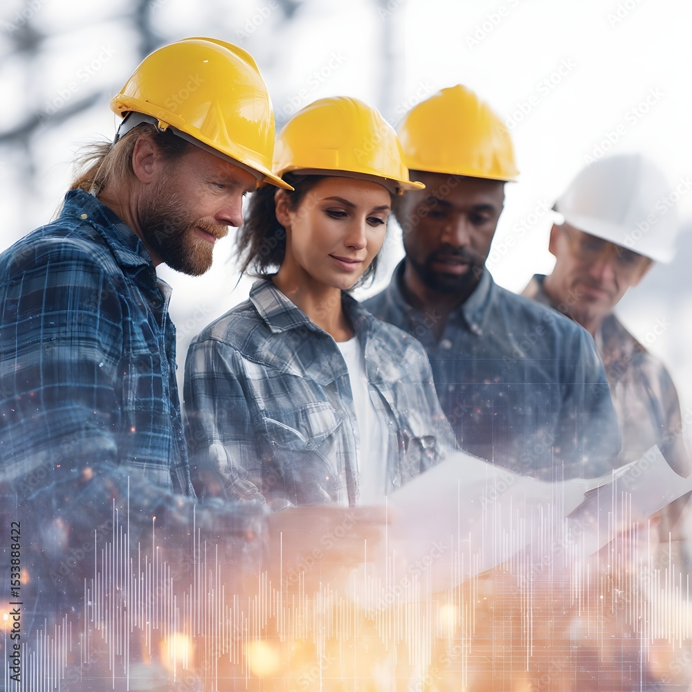 Aufkleber a team of engineers discussing plans at a construction site long title a group of engineers in hard 
