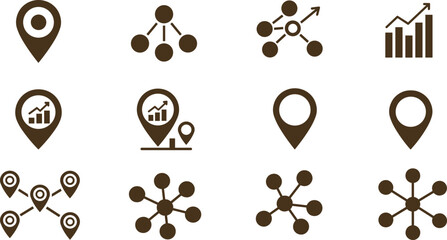 Map pin data icons, location pointer infographic, network chart element, business analytics symbol, GPS marker vector, modern UI design