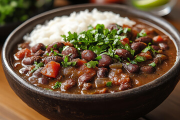 Hearty Brazilian black bean stew with chopped parsley served next to white rice in a rustic ceramic bowl