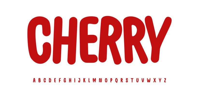 Summer Cherry drupe, joyful lettering, cartoon rounded typography. Childish font for friendly logo headline of culinary recipe book, sweets, ice cream title. Food typographic design. Vector typeset.