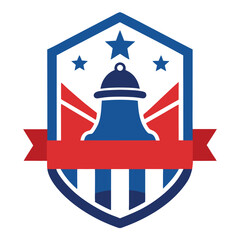 Patriotic Emblem with Liberty Bell Silhouette, Stars, Ribbon, and Shield Design