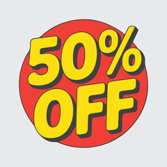 50% OFF red-yellow comic sticker vector — bold text sale badge design for attention-grabbing marketing, banners, or shop advertisements. © Rakiba Sultana