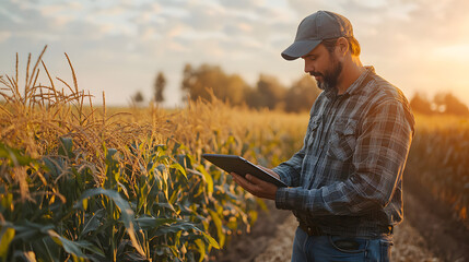 A modern farmer in a corn field using a digital tablet to review harvest and crop performance