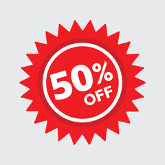 50% OFF red starburst sale sticker — bold discount label vector for retail promotions, online sales, and special offers.