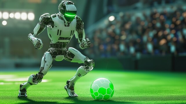 Futuristic humanoid robot poised for action in a high-stakes soccer match at a bustling stadium