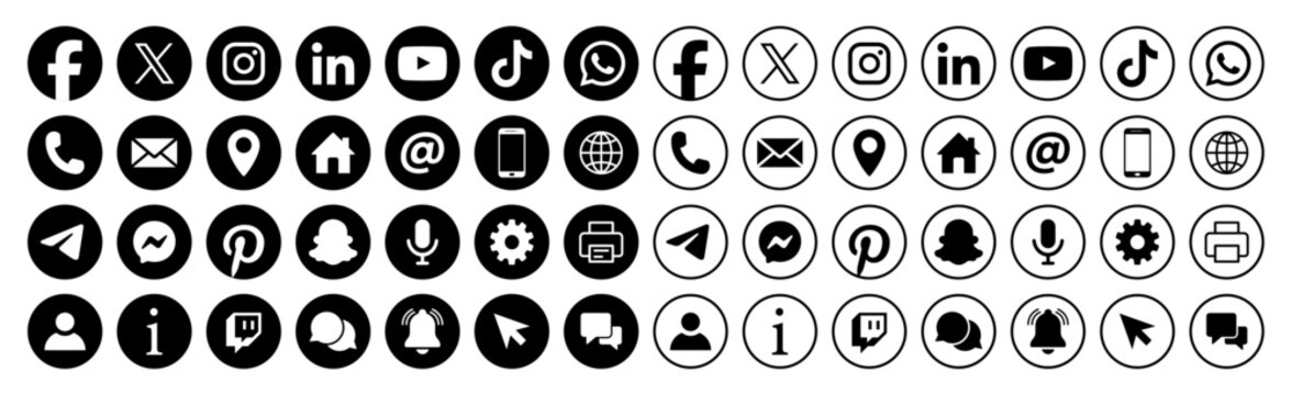 Social media and communication icons set in solid and outline style. Social media icons and logo isolated on white background. Ideal for apps, website, and digital user interface. Vector illustration.