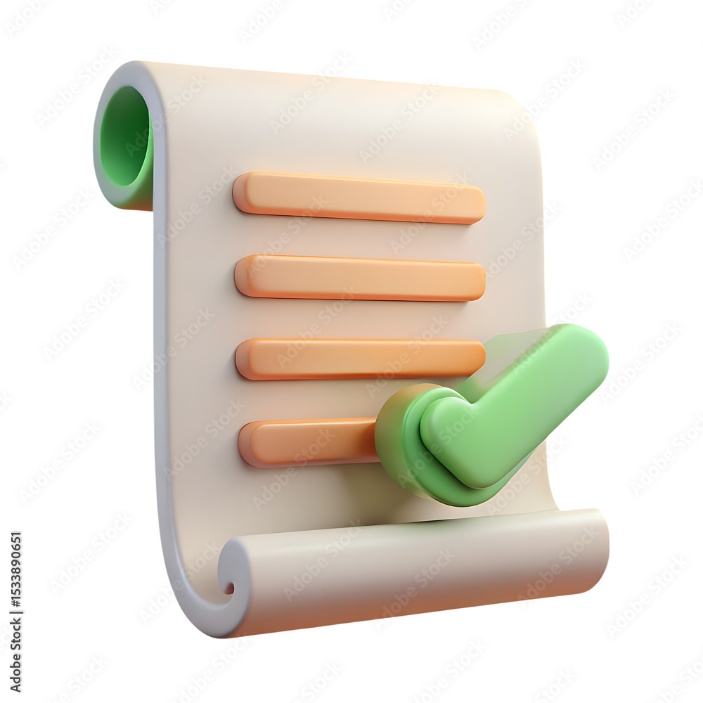 Poster 3d render of checklist scroll with checkmark isolated on transparent background