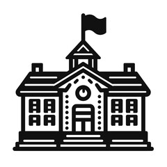 Traditional school building with a flag on top in linear style  
