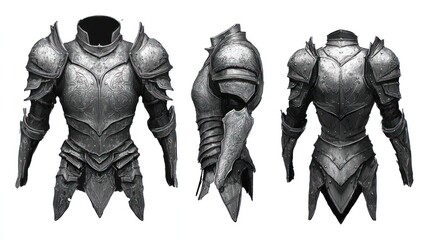 Fantasy medieval armor, broken, detailed,  front, side, back views.
