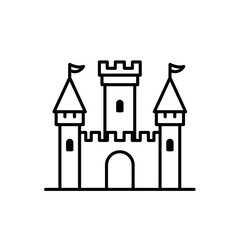 Simple line drawing of a castle with flags and towers  