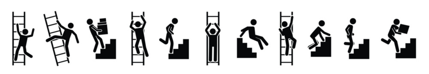 stick man go up black pictograms people climbing staircase ladder stick man silhouettes vector move me © diamond
