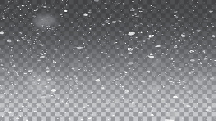 Snow and wind. Vector heavy snowfall. Glittering snowflakes in air on transparent background. Snow overlay effects. Snow background.